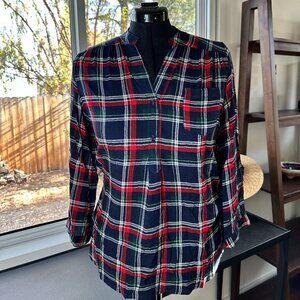 Market & Spruce Women’s Large Plaid Rayon Tunic Top Navy Red Long Sleeve